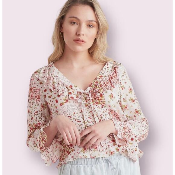 Zara Red Rose Print Cream Boho Top Ruffle Tie Girly S 2 4 - Picture 1 of 16